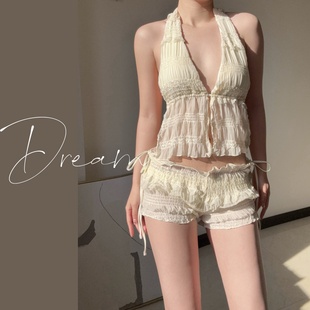 蜜Dream法式 绝美度假风挂脖系带褶皱比基尼女分体泳衣三件套泳装