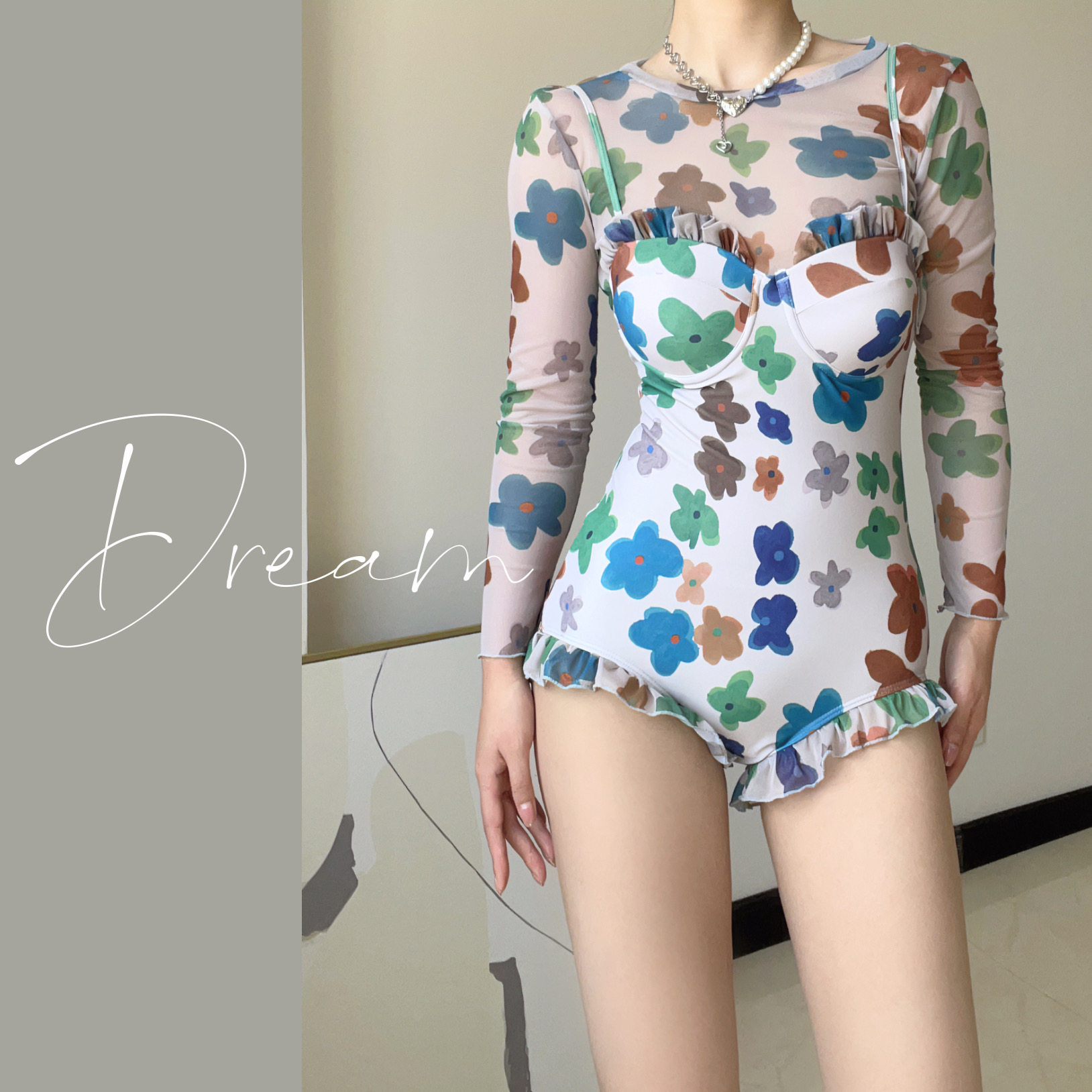 蜜dream泳衣女纯欲迷人水彩印花连体性感吊带泳装罩衫两件套显瘦