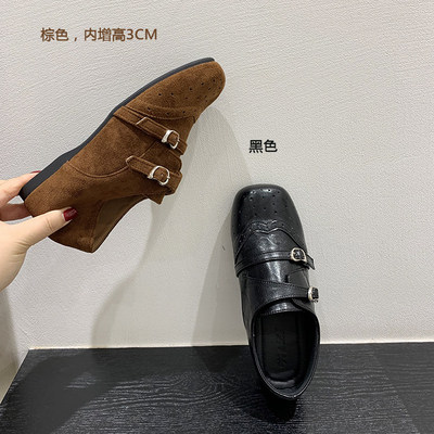 香港复古方头乐福鞋女2026春夏新款内增高英伦风单鞋黑色小皮鞋子