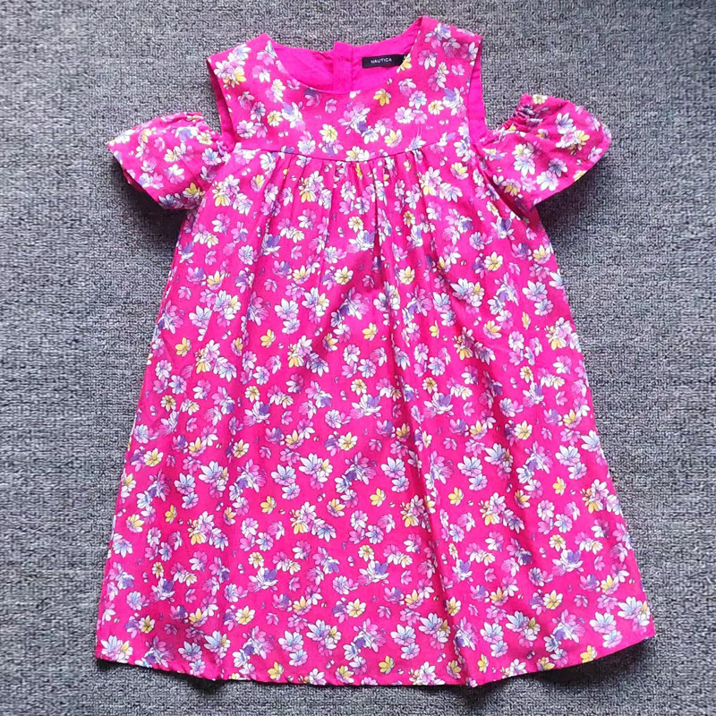 品牌折扣新品短袖棉麻连衣裙女童夏露肩花色a字碎花裙子圆领童装