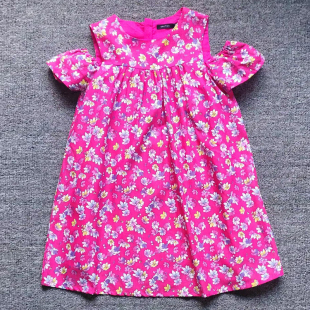 品牌折扣新品短袖棉麻连衣裙女童夏露肩花色a字碎花裙子圆领童装