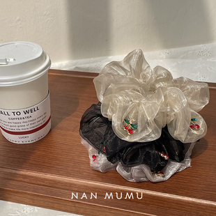 2025网红同款 大肠发圈高级简约发绳女 樱桃欧根纱网纱透明气质法式