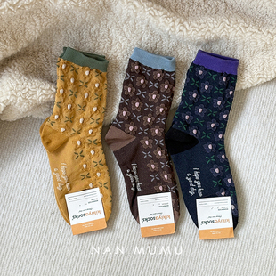 韩国秋冬季 百搭美拉德袜子 花朵撞色中筒袜ins女洋气外穿潮流时尚