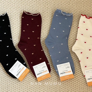 NANMUMU纯色爱心中筒袜 韩国东大门进口秋冬纯棉女士袜青少年袜子
