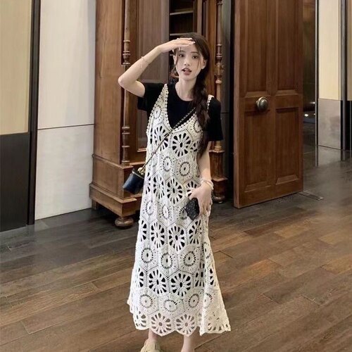 2025新款韩系夏季钩花镂空连衣裙新款时尚气质显瘦宽松无袖罩衫