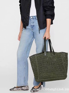 网红同款AB品牌字母标志草编沙滩包黑色肩带单肩大容量手提托特包