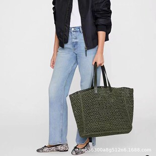 网红同款AB品牌字母标志草编沙滩包黑色肩带单肩大容量手提托特包