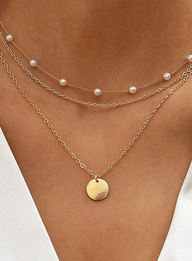 跨境欧美多层圆牌珍珠项链女锁骨链感百搭气质简约饰品潮