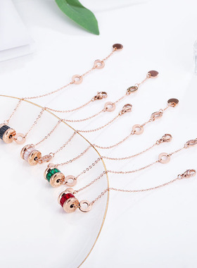 钛钢欧美罗马文字手链女新年红锆石玫瑰金绿色手环情侣手饰品