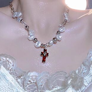 异形珍珠十字架红色锆石ins设计甜酷金属y2k嘻哈国潮复古项链