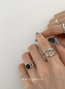 925纯银复古泰银戒指女简约小众设计交叉黑玛瑙食指戒时尚个性潮