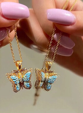 法式中古风幻彩珐琅镶嵌锆石双层蝴蝶项链气质复古精致锁骨链