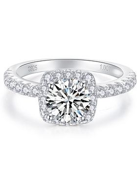 云同珠宝 莫桑石女戒纯银3克拉D色婚戒方包豪镶求婚结婚戒指叠戴