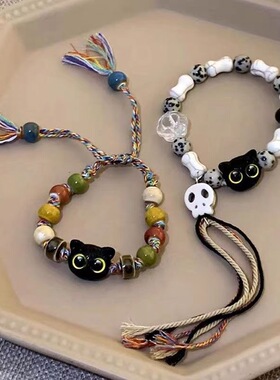 骷髅猫咪编织绳手链男女款小众设计感甜酷中国风流苏彩色手串手饰