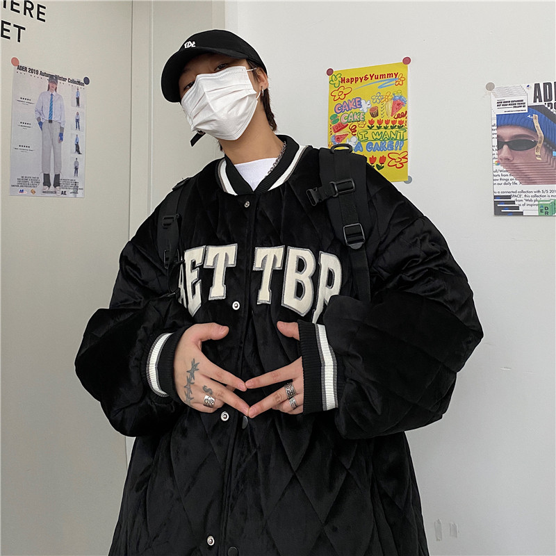 麻吉黑店.菱格棒球服棉衣美式复古夹棉加厚外套棉服男女潮