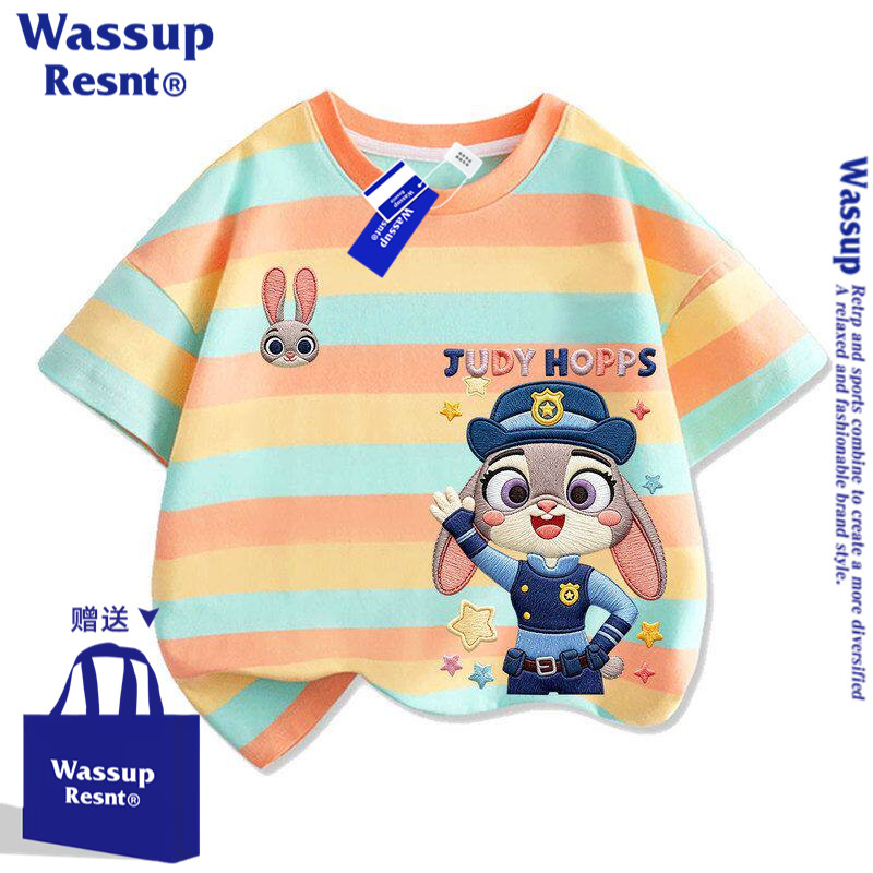 WASSUP儿童疯狂动物城衣服男女童短袖t恤夏装兔子警官朱迪上衣服
