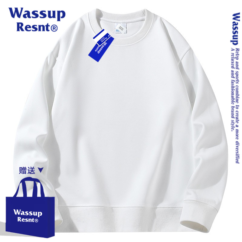 WASSUP RESNT重磅纯棉长袖卫衣男纯白色打底衫女宽松情侣上衣外穿