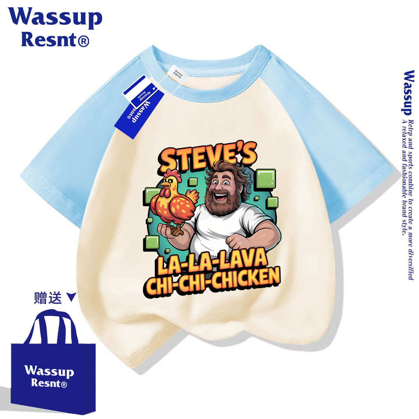 WASSUPminecraft衣服男童短袖T恤衫我的世界小鸡骑士儿童装夏上衣