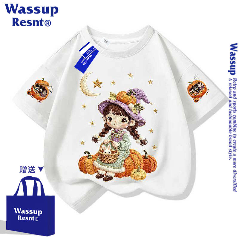 WASSUP小女孩万圣节中大儿童拼接袖短袖t恤衫夏装上衣潮半袖南瓜