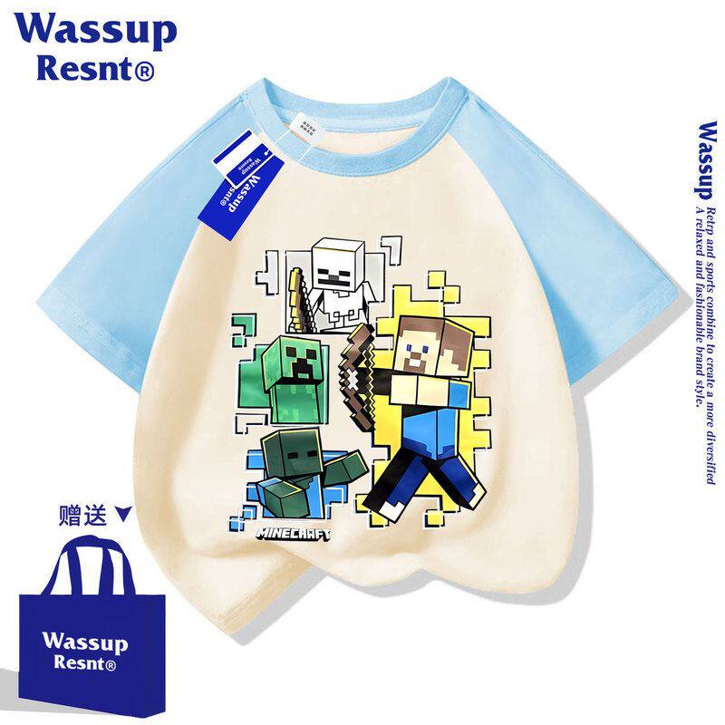 WASSUP我的世界男童短袖t恤纯棉2026新款潮中大童装儿童夏装上衣