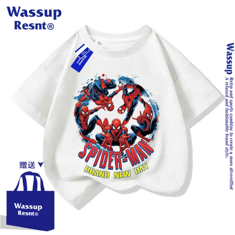WASSUP蜘蛛侠4崭新之日短袖t恤男女中小童夏季棉半袖Spider上衣服