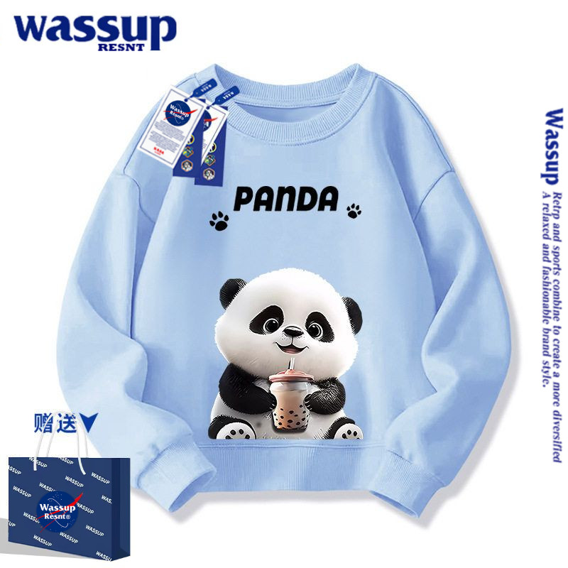 WASSUP女童卫衣春秋潮牌2026新款熊猫男童中大童加绒衣服儿童春装