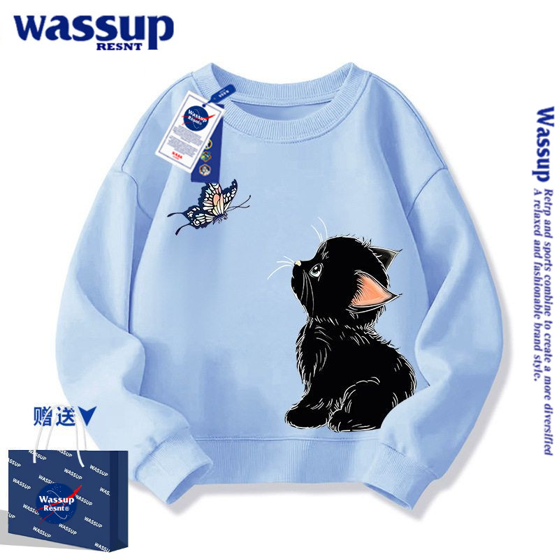 WASSUP猫咪红色女童卫衣春秋款2026新款女孩加绒本命新年衣服儿童