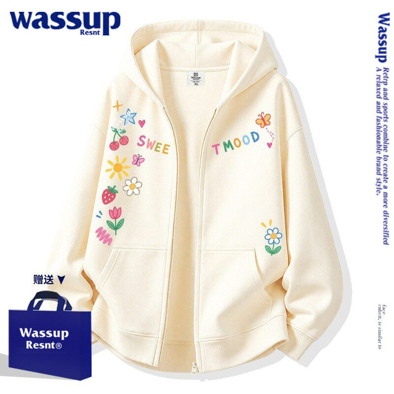 WASSUP联名女童连帽开衫外套2026新款秋冬中大童洋气慵懒风上衣服