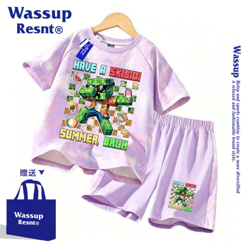 WASSUP我的世界T恤男女儿童短袖Minecraft衣服苦力怕速干两件套装