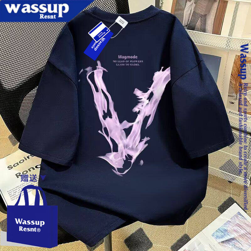 WASSUP美式休闲重磅印花短袖T恤男女款潮牌时尚宽松百搭五分袖