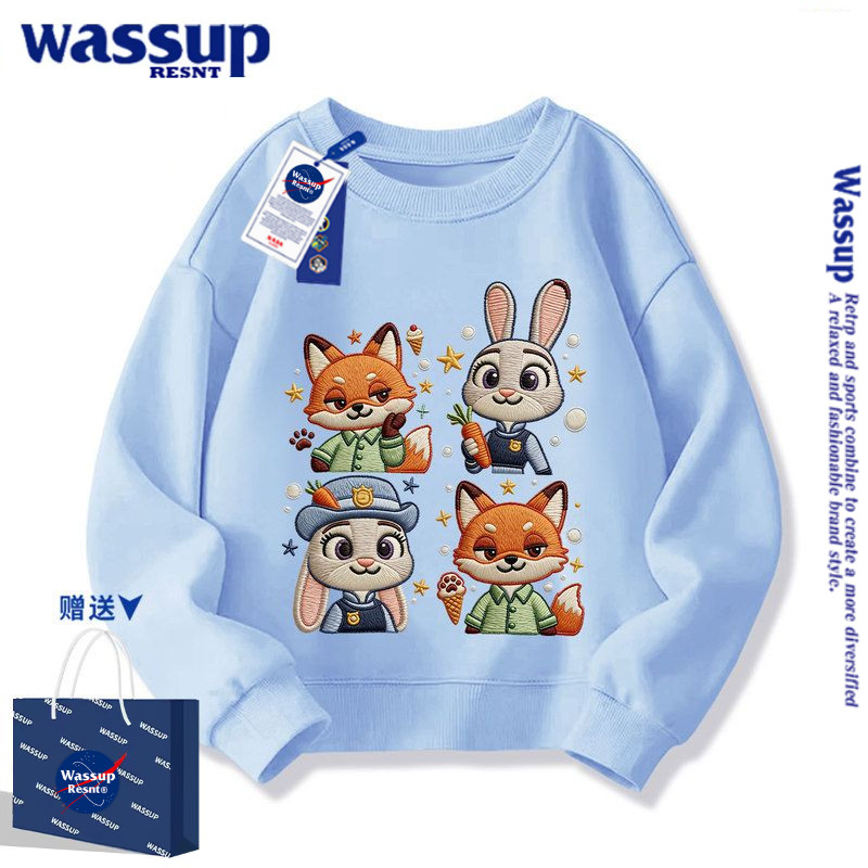 WASSUP联名疯狂动物城兔子狐狸仿刺绣秋冬小中大男女儿童卫衣服