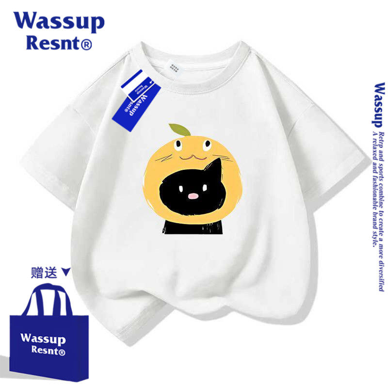 WASSUP可爱时髦洋气猫咪卡通短袖棉t恤衫休闲半袖衫儿童汗衫夏装