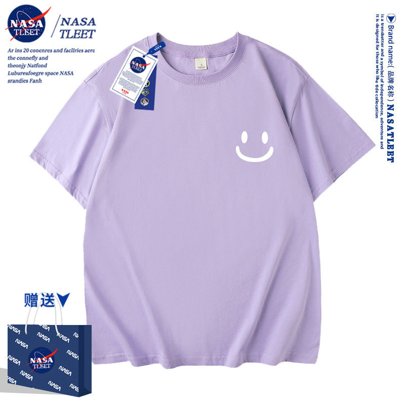 NASA联名笑脸打底衫新款男女童短袖夏季100%纯棉T恤衫学生简约衣
