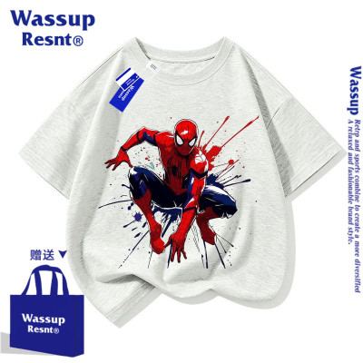 WASSUP蜘蛛侠Spiderman儿童棉短袖T恤夏季男女童衣服半袖亲子上衣