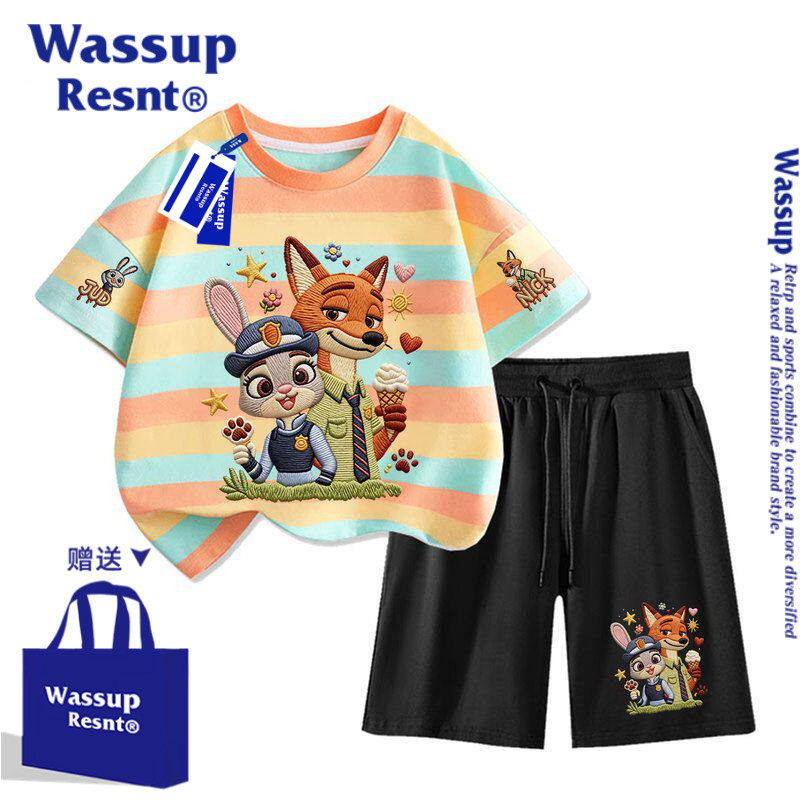 WASSUP儿童条纹短袖t恤夏装套装2026新男女大童纯棉半袖运动衣服