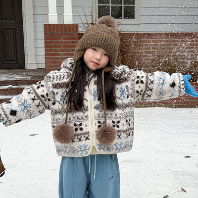 女童冬季洋气毛毛衣2026新款冬季加厚外套儿童韩版提花加绒拉链衫