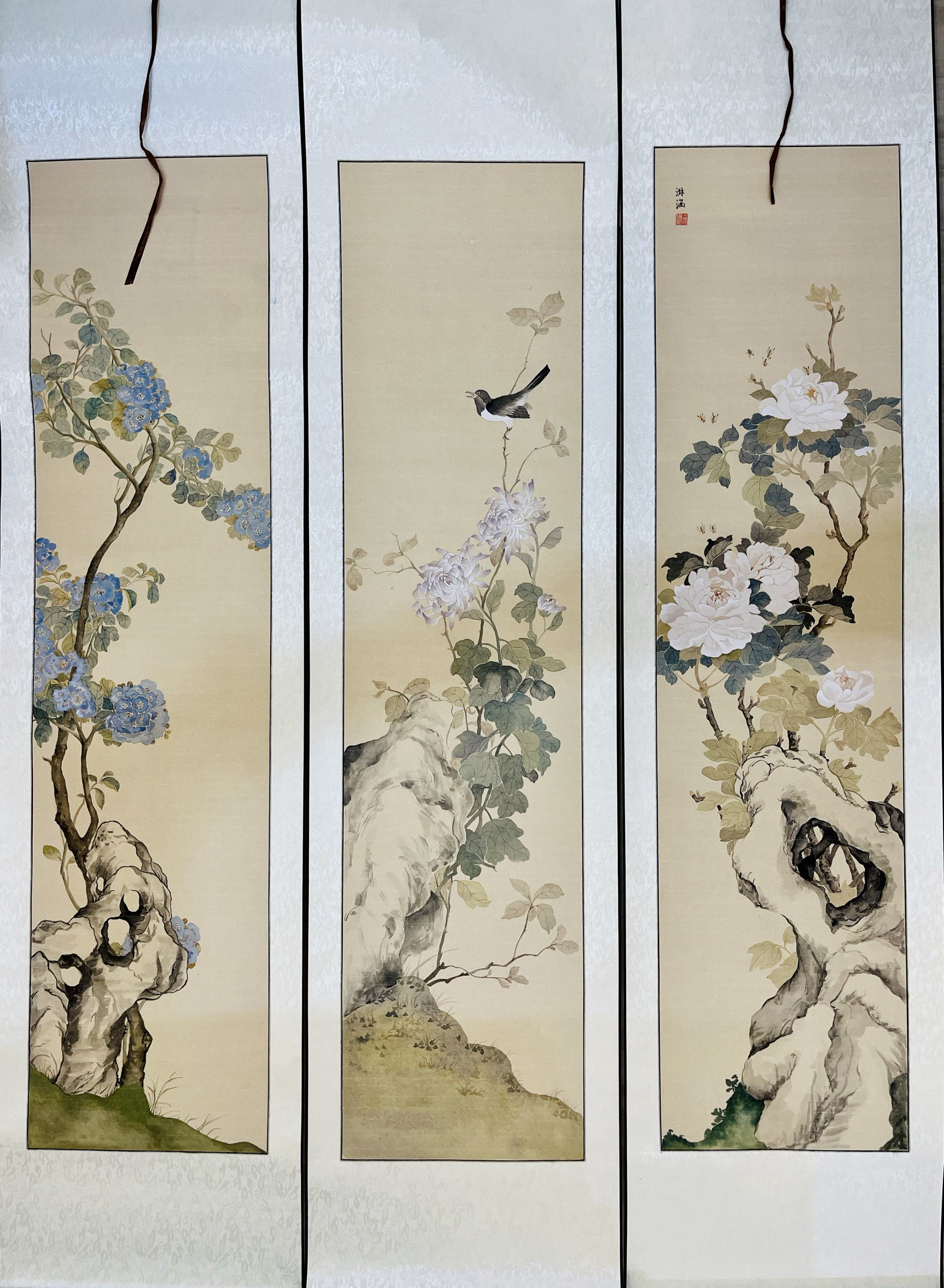 手绘四条屏花鸟图国画玄关挂画中式客厅沙发背景墙中堂四联装饰画