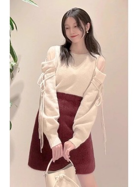 日系冬季经典 气质甜美薄纱拼接露肩绑带针织衫毛衣 SWNT245011