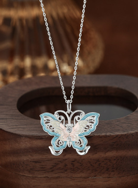 S999纯银足银项链女庄周梦蝶花丝珐琅彩脉脉花蝶新中式烧蓝蝴蝶锁