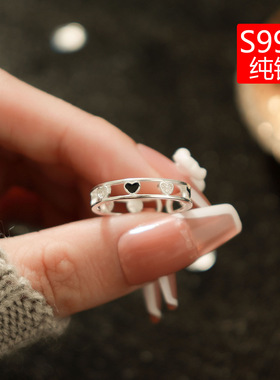 S999纯银足银戒指韩国镂空爱心女锆石开口可调节指环INS时尚食指