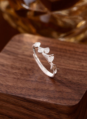 s999纯银足银杏三生有杏戒指女轻奢小众感开口戒素圈食指戒子