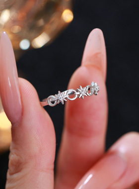 S999纯银足银戒指镶钻星芒圆形指环个性设计气质可调节手饰戒子