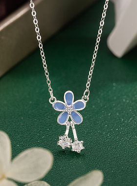 S999纯银小清新森系蓝色花朵项链女轻奢高级感锁骨链送闺蜜礼物