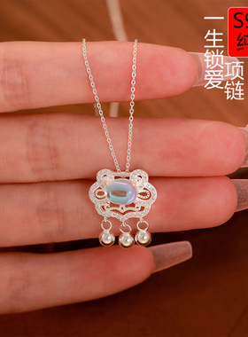 S999纯银国潮祥云如意平安锁项链女轻奢个性颈链ins冷淡风锁骨链