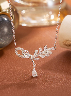 超源s999纯银蝴蝶结麦穗项链女甜美少女结百搭水滴锁骨链饰品