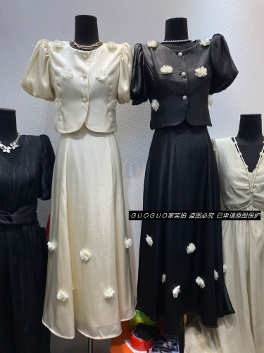 2024夏季新款法式复古立体花朵泡泡袖衬衫+长款半身裙两件套装女