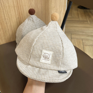 宝宝帽子2025秋冬新款球球条纹软檐棒球帽男女童时尚保暖小童帽子