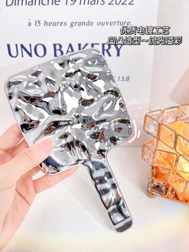 ins网红复古手持随身化妆镜梳妆便携式金属波纹轻奢手柄补妆镜子