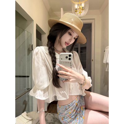 Thas9i九亿少女感抽皱性感露腰V领中袖荷叶边宽松收腰休闲上衣