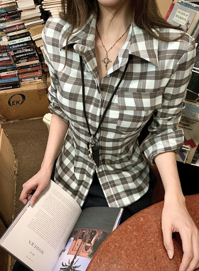 Thas9i九亿 青衫薄荷 格纹翻领收腰衬衫修身圆摆打底衬衫开衫上衣